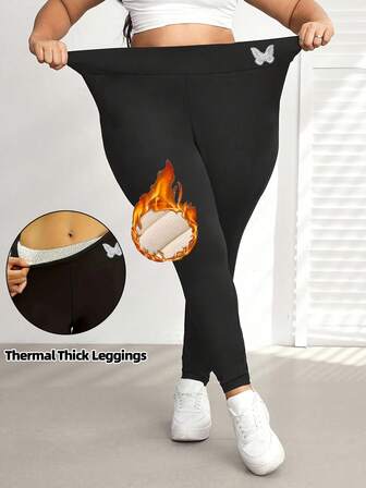 1pc Plus Size Thick Thermal Lined Tights Women's Plush Lined Skinny Warm Trousers Thermal Thick Leggings Suitable For 0-10°C Butterfly Label Legging For Fall And Winter Women's High Waisted Skinny Pants