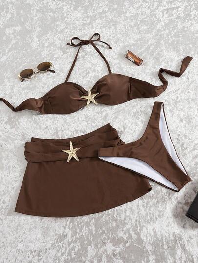 Set da 3 pezzi: Canotta donna sexy minimalista di colore unito con decorazione a stella sulla parte anteriore, gonna corta con decorazione a stella e costume da bagno bikini