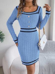 Autumn And Winter Women's Sexy Hip-Wrapped Long-Sleeved Miniskirt Dress - Màu xanh lam - Xem 3
