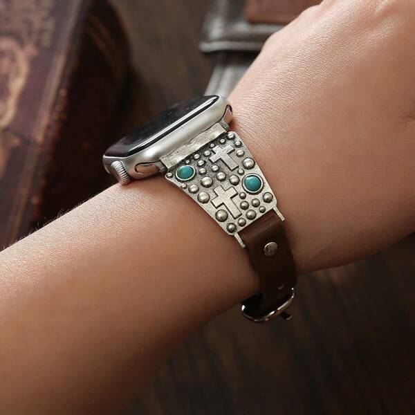 1pc Retro Turquoise Leather Metal Watch Strap Compatible With Apple Watch Strap Series 11 10 9 8 7 6 5 4 3 2 1Ultra 2/1 SE Silver Floral Bracelet Watch Band Compatible With Apple Watch Band 38mm 40mm 41mm 42mm 44mm 45mm 46mm 49mm