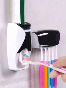 2 Pieces Set Wall-Mounted Toothbrush Holder With Automatic Toothpaste Dispenser, Holds 5 Toothbrushes, No Power Needed, Plastic Material, Bathroom Accessory - Multicolor - View 1