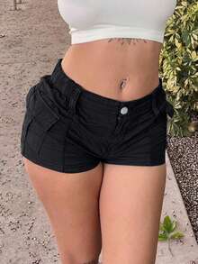 Y3K Street Elastic Waist Flap Pocket Side Cargo Shorts Solid Color Simple Casual Shorts For Daily Wear Y2K Music Festival - 黑色 - 查看 3
