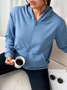 Sudadera de Mujer con Capucha y Cierre Frontal Cómoda y Calientita - Celeste - Ver 3