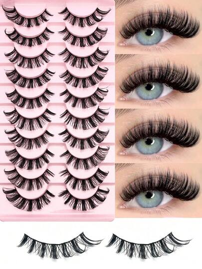 10 paires de faux cils doux et moelleux, d'apparence naturelle, moelleux, doux, à croisement dense, cils complets, cils d'anime, look naturel, agrandissement des yeux, cils épais et bouclés, convenant au maquillage quotidien, aux vacances, aux fêtes, aux vacances, à Halloween, aux cadeaux de Noël
