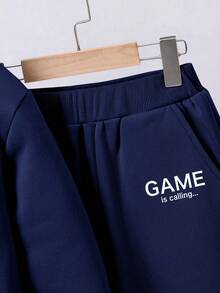 Tween Boy Letter Print Warm Hoodie And Sweatpants Set - Royal Blue - View 4