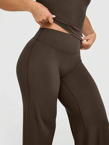 Pantalones de yoga para mujer OQQ de cintura alta, elásticos, casuales, suaves y de pierna recta - Versión extendida en marrón oscuro - Ver 5