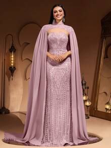 New Luxury High-End Elegant Women's Mermaid Tail Lace Patchwork Chiffon Flare Sleeve Floor-Length Dress, Suitable For Formal Evening Parties, Galas, Weddings, Red Carpet Events, Bridal Gowns, For Valentine's Day - 淺粉色 - 查看 5