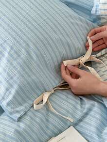 1 Vỏ gối cotton nơ phong cách Hàn Quốc, màu be nhạt/ngà/kaki/hồng thoải mái, họa tiết sọc có nơ, thích hợp cho phòng khách, phòng ngủ, ký túc xá, có thể giặt bằng máy (không bao gồm gối bên trong) - Màu xanh lam - Xem 4