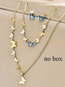 4pcs Golden Stainless Steel Gold-Plated Blue Drip Enamel Flower Tassel Necklace, Bracelet, Earrings Set - Chic, Elegant, Minimalistic, Vintage, Versatile, Suitable For Streetwear, Daily Wear, Commuting, Vacation, Weddings, Festival Parties, Gift For Women Valentines