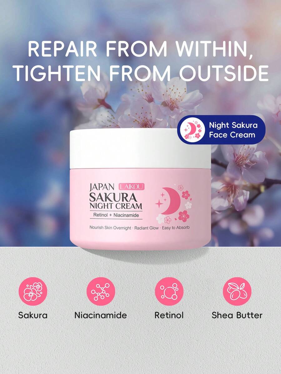 LAIKOU 1支日本丽光樱花晚霜，30克，肌肤修复保湿霜，紧致保湿面霜，深层滋养面部保湿霜，适合所有肤质，可用于自我护理、SPA、送给女朋友的礼物以及作为化妆品。