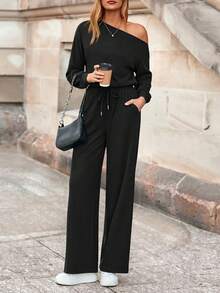 Long Sleeve Jumpsuit For Women Dressy Off Shoulder One Piece Loose Wide Leg Jumpsuits Casual Flowy Romper - 黑色 - 查看 3