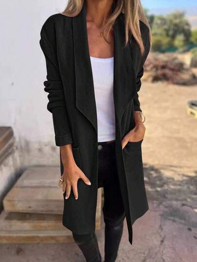 Cardigan de malha feminino com gola virada para baixo e comprimento médio, jaqueta fina de lã mista, outono/inverno