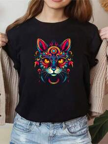 Sugar Skull Moon Cat Mexican Day Of Dead Dia De Los Muertos Women Graphic T-Shirt Cotton Print Short Sleeve Casual Top, Summer Tee Womens Tops - 黑色7 - 查看 1