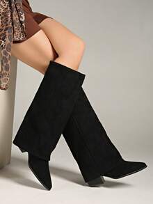 秋冬卡其色阔腿裤女筒靴，2024年夏季新品，尖头直筒高筒靴，西部牛仔靴，及膝靴 - 黑色 - 查看 6