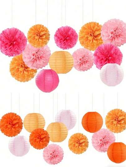 15pcs Pink-Orange Party Decorations - Paper Flowers, Lanterns, Tissue Pom Poms, Ribbons, Suitable For Autumn Wedding, Bridal Shower, Boho Birthday, Sunset Hanging Decor