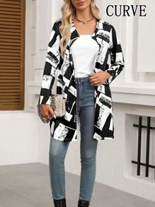 Plus Women's Geometric Patterned Long Jacket - Black and White - View 2