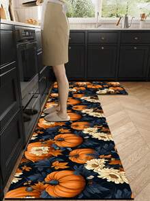 1pc Silica Gel Kitchen Floor Mat, Pumpkin & Floral Pattern, Deep Blue Background With Orange Pumpkins, Yellow Flowers And Green Leaves, Vibrant Autumn-Themed Decor, Suitable For Halloween And Fall Season
