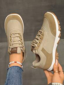 女士休闲运动鞋，软底，网眼拼接，透气防滑材质，适合日常穿着和通勤，四季皆宜 - 卡其色 - 查看 3