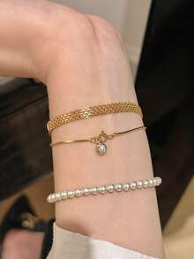 2pcs/Set Titanium Steel Non-Fading Braided Gold Color Strap Bracelet, Vintage Chic Luxury Accessories For Women - Multicolor - View 1