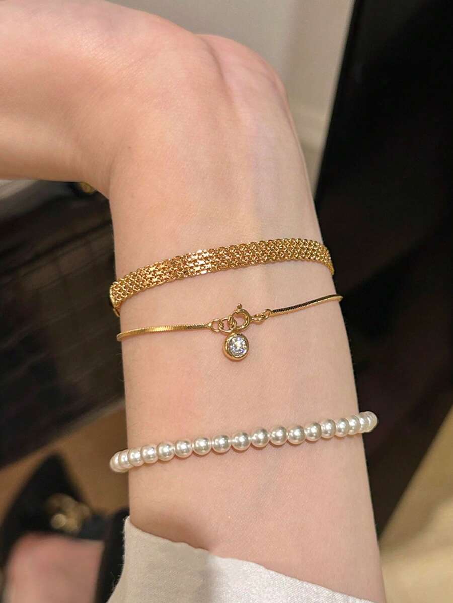 2pcs/Set Titanium Steel Non-Fading Braided Gold Color Strap Bracelet, Vintage Chic Luxury Accessories For Women - Multicolor - View 1