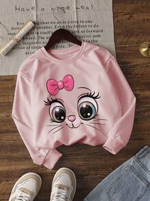 1pc Girls Casual Bow & Cute Face Print Crew Neck Sweatshirt, Minimalist Style, Suitable For Students, Autumn/Winter - Pink - View 3