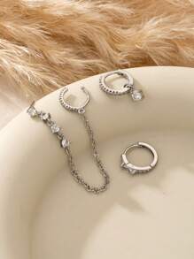 3pcs/Set Delicate Cubic Zirconia Earring Chain Clip-On Stud Earrings For Women, Daily & Party Jewelry (Quantity Suitable For One Ear) - Silver - View 2