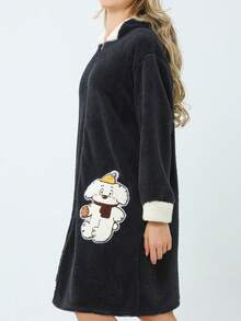 Pijama Invierno para Mujer, Pijamas Polar con Manga Larga, Pijama Grueso con Capucha, Diseño de Bordado con Apliques - Negro - Ver 5