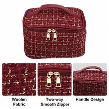 Makeup Bag, Large Cosmetic Travel Bag Woolen Make Up Brush Organizer Bag Tweed Plaid Toiletry Bag For Women - 紅色 - 查看 3