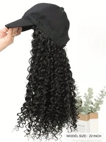 长发棒球帽，长而古怪的卷发，合成假发，配套假发，可调节帽子，优雅女士棒球帽假发和长非洲卷发，合成高温纤维假发可调节弹力网帽，所有多功能款式 - 黑色帽子+假发组合