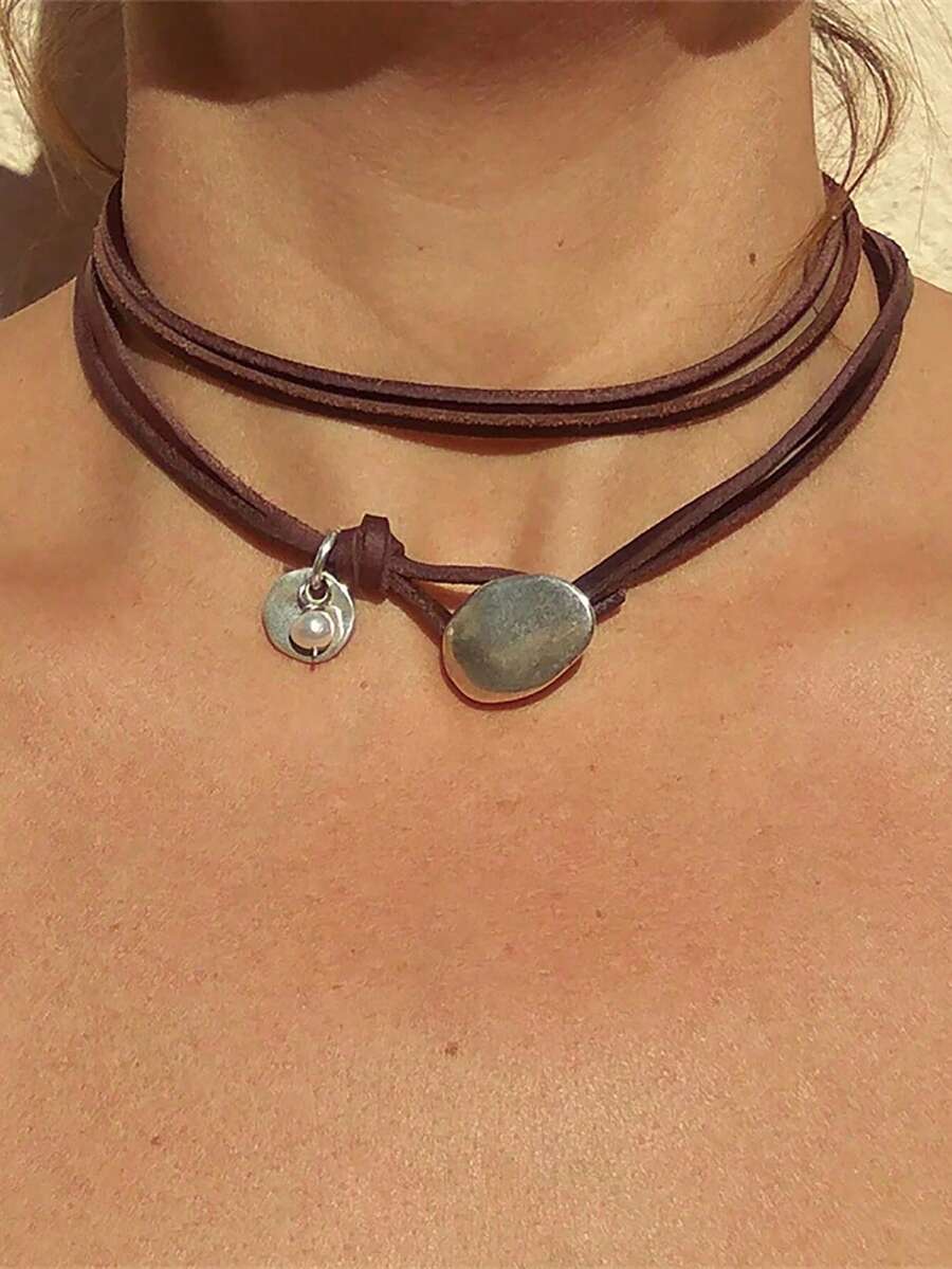 1PC Minimalist Round Pendant Double-Layer Bohemian Leather Cord Necklace For Women (Perfect For Parties, Vacations & Birthdays) - Brown - View 1