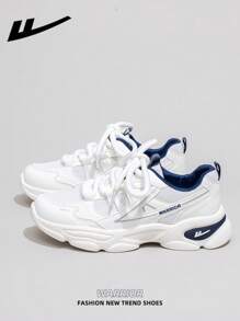 1 双 WARRIOR 女式厚底系带软底休闲鞋，低帮户外平底鞋，圆头低跟防滑纯色优雅软底登山鞋，适合学生，毕业照，平底鞋，低帮皮面运动滑板鞋 - WXY-5075L白深藍色 - 查看 3