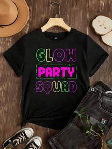 Women's-Shirt Casual Round Neck Black White Options Glow Party Neon Print Summer Daily Wear Shirts Summer Tops Graphic Tees Summer Outfits Women Graphic Tees Women Crop Tops Tops Women Vintage Cotton Cute Clothes Women - 黑色 - 查看 2