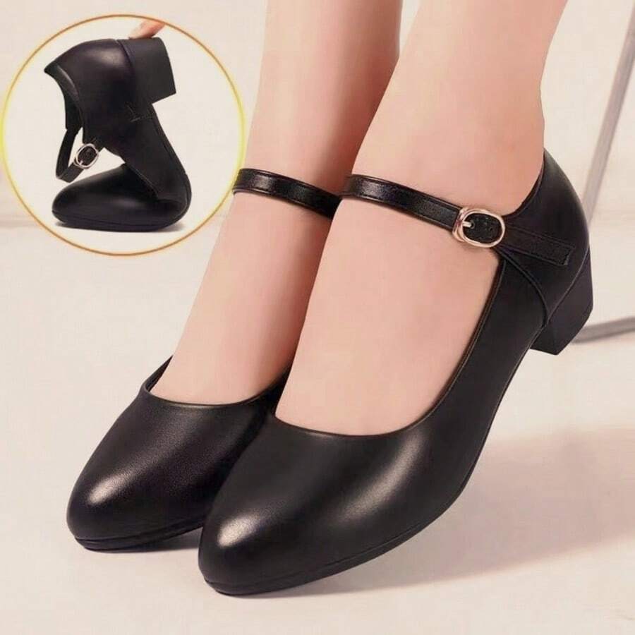 Giày cao gót nữ, giày công sở mũi nhọn có khóa cài, giày bít mũi gót vuông, giày bệt mũi tròn gót vuông kiểu sườn xám. - màu đen - Xem 1