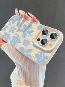 1 pieza Funda de teléfono suave, antideslizante y a prueba de caídas con patrón floral azul minimalista y textura de litchi, compatible con Apple y otros teléfonos