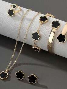 5pcs/Set Floral Pendant Jewelry Set For Women, Necklace, Earrings, Bracelet, Bangle, Ring, Elegant & Charming Accessories - Black - View 15