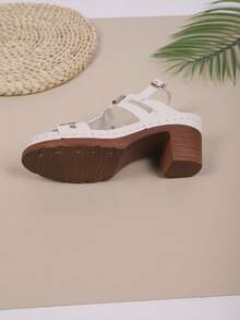 Sandali con tacco spesso intrecciati in stile retrò da donna, sandali con chiusura a fibbia e design traforato, sandali casual da giorno, da vacanza o da ufficio con tacco spesso adatti per l'estate