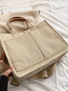 Bolso de mano plegable de pana a rayas, de gran capacidad - Caqui - Ver 6