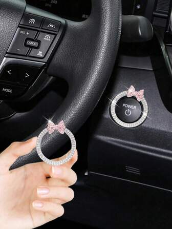 1pc Car One Click Start Decoration Circle Double Row Crystal Bowknot Fire Ring Ignition Switch Button Decoration