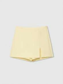 Butter Yellow Slit Hem Skirt Shorts, Minimalist Fashion Casual Everyday Wear - Yellow - View 1