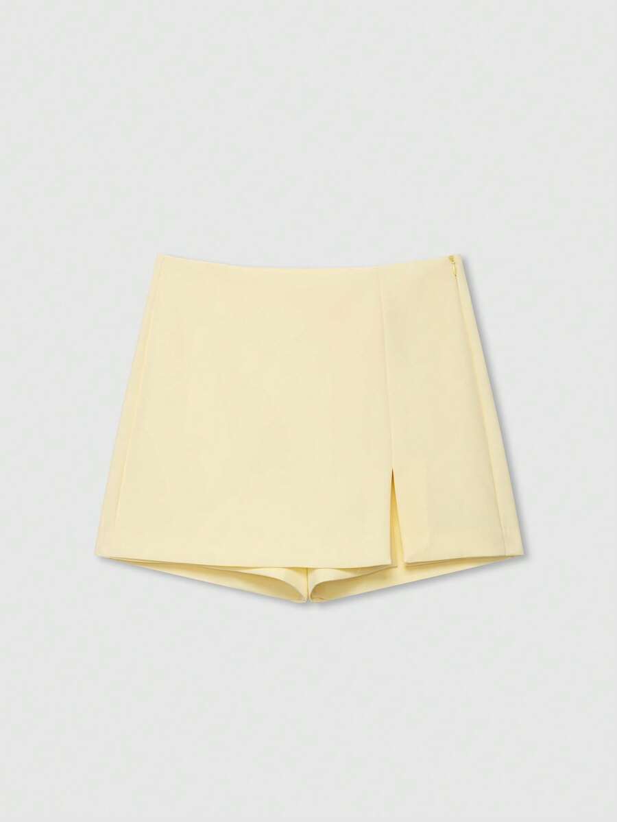 Butter Yellow Slit Hem Skirt Shorts, Minimalist Fashion Casual Everyday Wear - Yellow - View 1