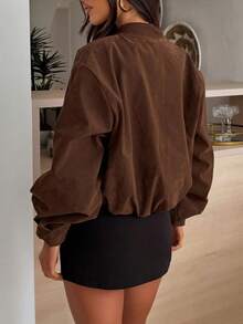 复古纯色天鹅绒拉链口袋女士短款夹克，适合日常穿着，秋冬 - 棕色 - 查看 3