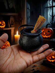 24pcs/Set Mini Plastic Cauldrons With Mini Witch Brooms, Black Witch Cauldrons With Handles, Children's Halloween Candy, St. Patrick's Day Coins Holder And Party Favors (12 Cauldrons + 12 Brooms) - Multicolor - View 6
