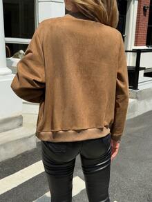 Chaqueta bomber elegante y casual para mujer, chaqueta con cierre de cremallera y botones delanteros de unicolor y manga larga