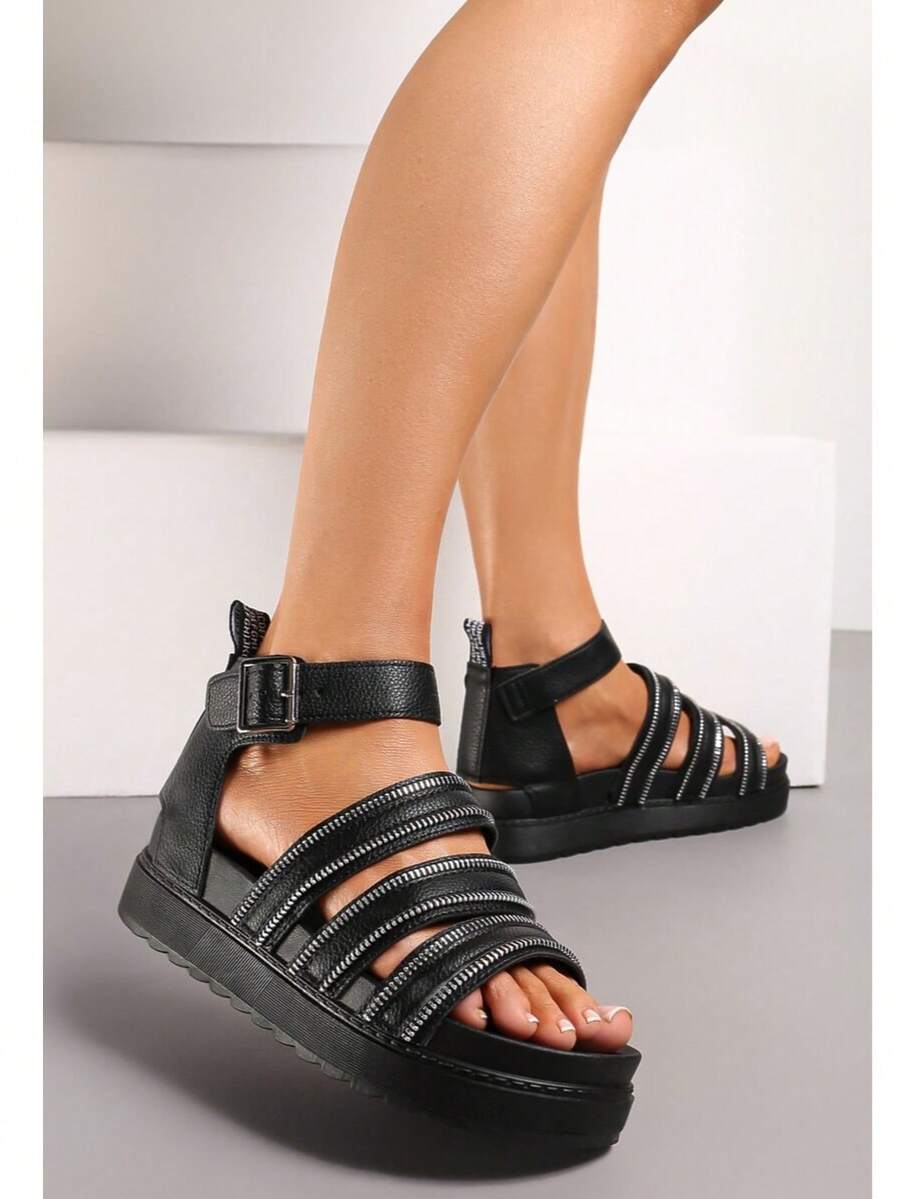 Women's Platform Sandals, New Summer Fashion Leather Buckle Zipper Decor Roman Sandals - Black - View 1