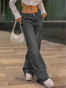 Jeans rectos y holgados de uso casual básico para mujer con bolsillos - Gris Oscuro - Ver 3