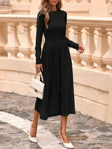 Women's Long Sleeve Midi Sweater Dress  Fall Crewneck Knit A Line Pleated Wedding Guest Winter Dresses - 黑色 - 查看 4