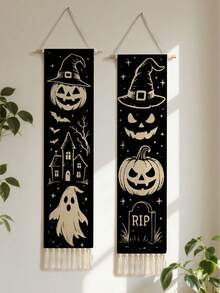 1Pc Gothic Wall Hanging Tapestry With Tassels – Witch Hat Pumpkin Ghost Banner For Spooky Aesthetic Home Decor, Haunted House RIP Grave Wall Art For Door Porch Living Room