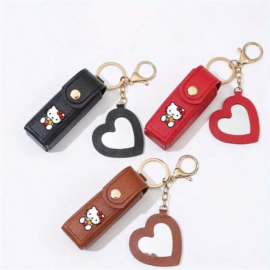 Sanrio 1pc Hello Kitty Portable Lipstick Storage Bag, Lovely Mirror Lipstick Protective Leather Case, Cute Simple Pendant Keychain, Mini Coin Purse, Lip Makeup Bag, Best Gift For Girlfriend (Stickers Are Random)