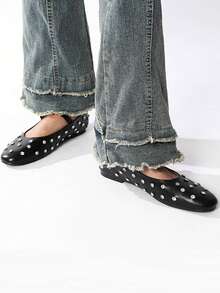 女士平底玛丽珍鞋，时尚百搭低帮单扣铆钉装饰，棕色芭蕾平底鞋 - 黑色 - 查看 5