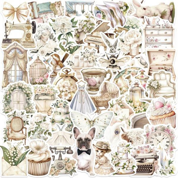 50pcs White Artistic And Retro Stickers Decoration Phones, Books, Water Cups, Notebooks, Helmets, And Waterproof Gift Decals